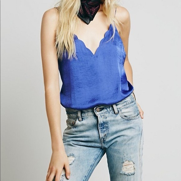 Free People Intimately Blue Satin Scalloped Hem Cami Top |Size Small| - Picture 1 of 9
